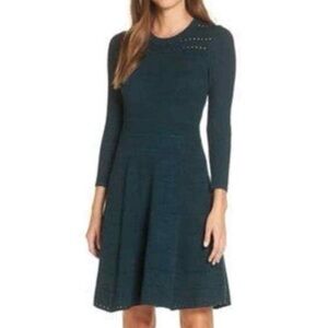 Eliza J Dark Green Long Sleeve Fit & Flare Sweater Dress